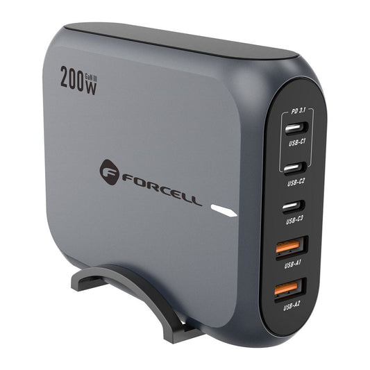Φορτιστής δικτύου Forcell F-ENERGY GaN III VT-51, 200W, 5A, 2 x USB-A - 3 x USB-C, Γκρι
