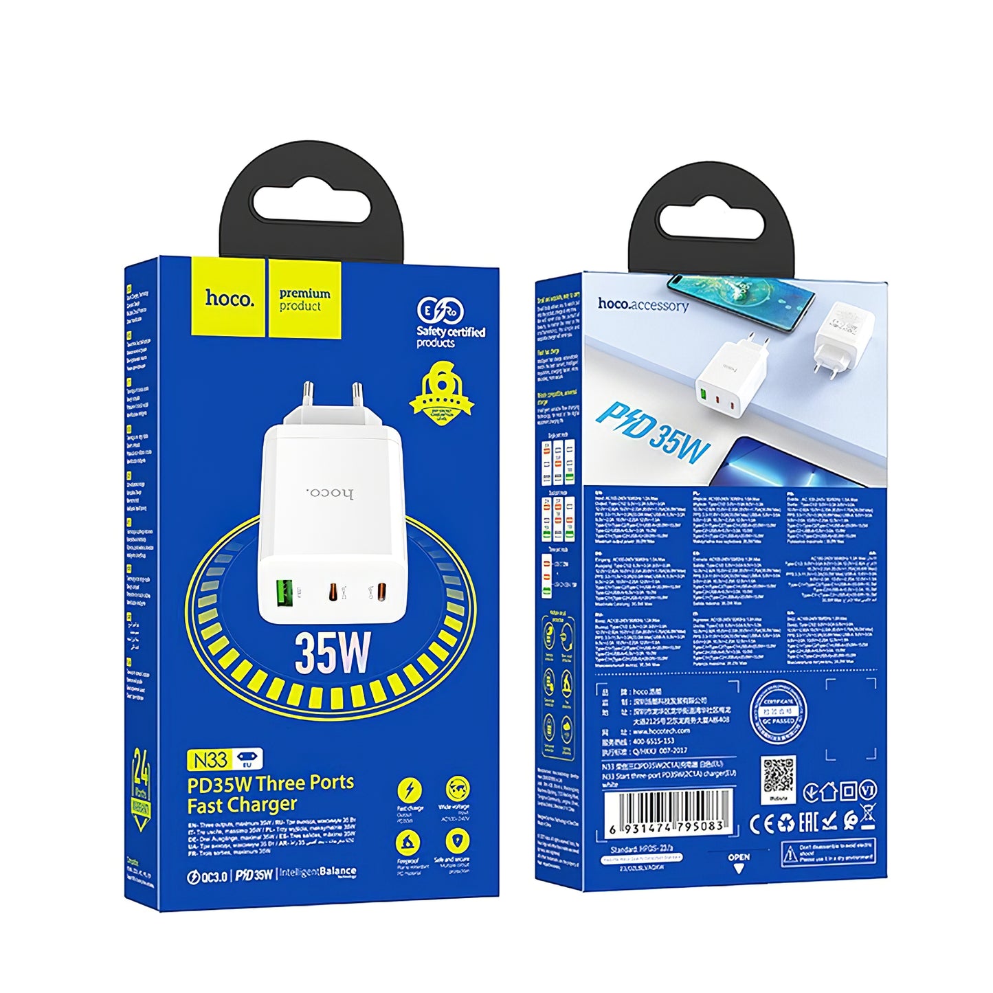 Φορτιστής δικτύου HOCO N33, 35W, 3A, 1 x USB-A - 2 x USB-C, Λευκό
