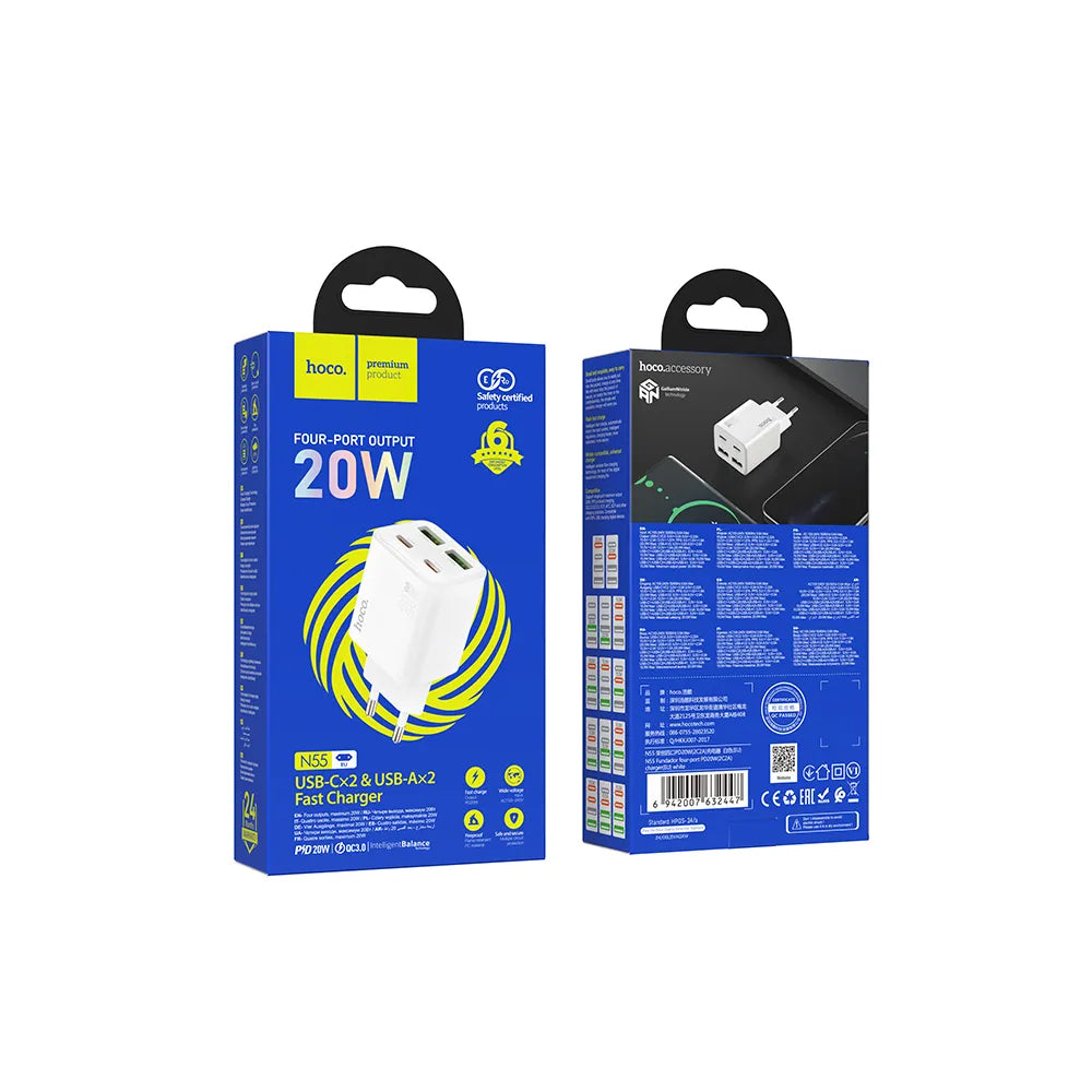 Φορτιστής Δικτύου HOCO N56, 30W, 3A, 2 x USB-A - 2 x USB-C, Λευκό