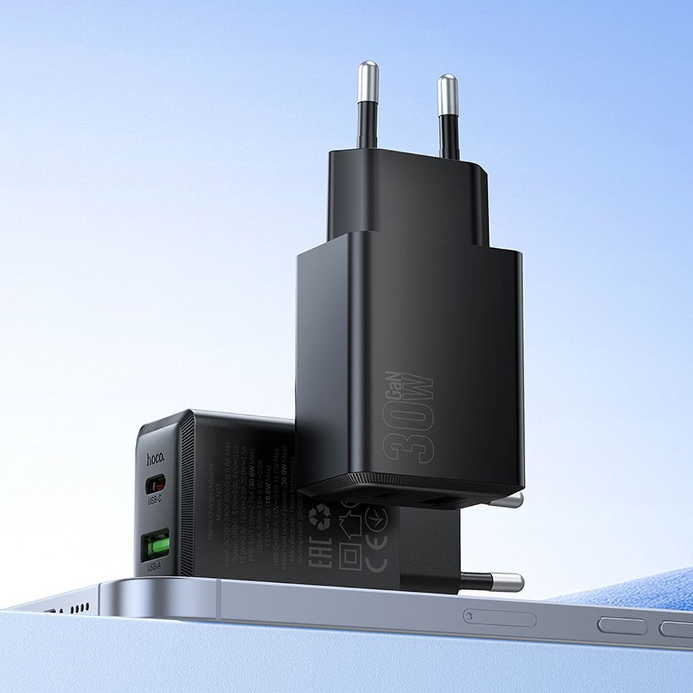 Φορτιστής Δικτύου HOCO N71, 30W, 3A, 1 x USB-A - 1 x USB-C, Μαύρο