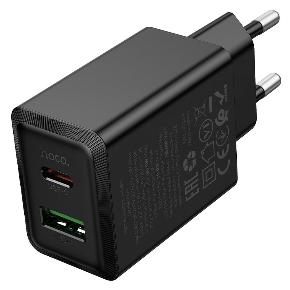 Φορτιστής Δικτύου HOCO N71, 30W, 3A, 1 x USB-A - 1 x USB-C, Μαύρο