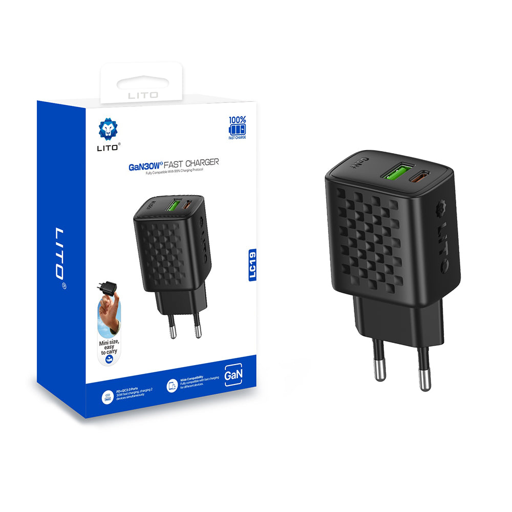 Φορτιστής Δικτύου Lito LC19, 30W, 3A, 1 x USB-A - 1 x USB-C, Μαύρο