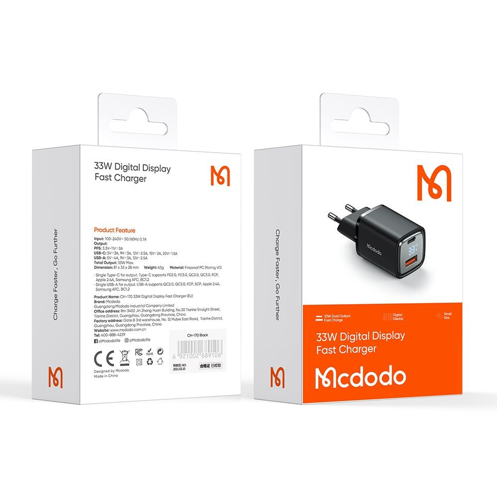 Φορτιστής Δικτύου McDodo CH-1701 Graphite Display, 33W, 3A, 1 x USB-A - 1 x USB-C, Μαύρο