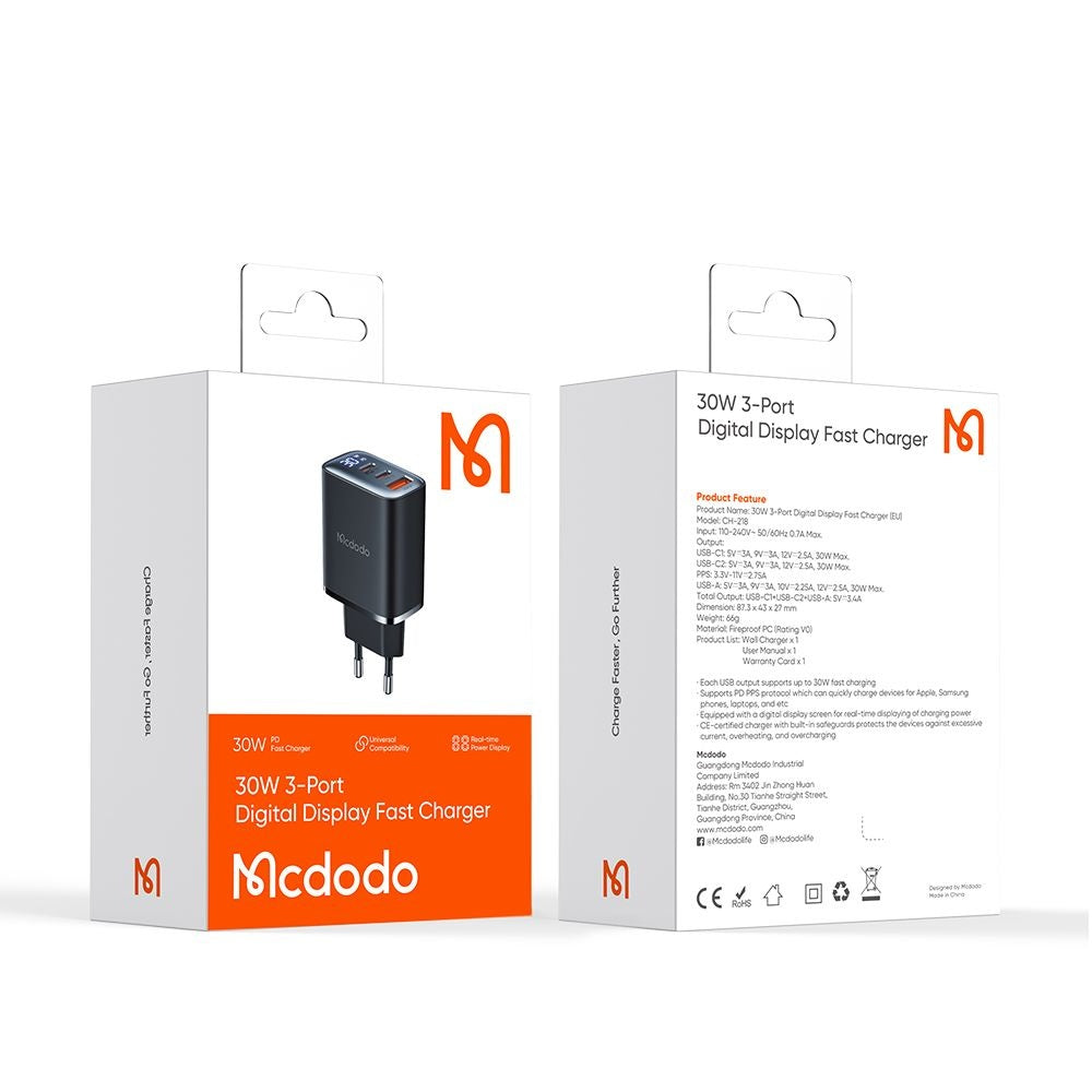 Φορτιστής Δικτύου McDodo CH-2180 Display, 30W, 3A, 1 x USB-A - 2 x USB-C, Μαύρο