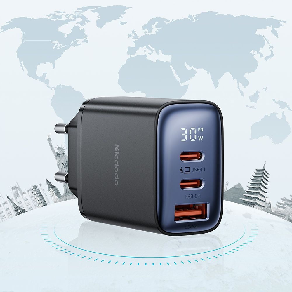 Φορτιστής Δικτύου McDodo CH-2180 Display, 30W, 3A, 1 x USB-A - 2 x USB-C, Μαύρο