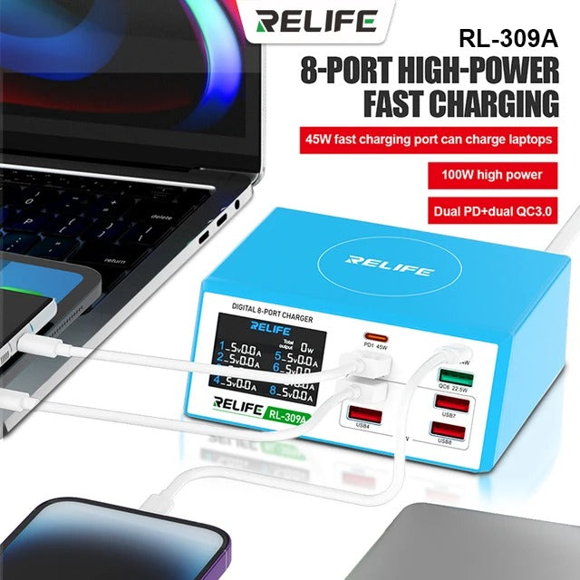 Relife RL-309A Charging Station, 100W, 4.5A, 2 x USB-C - 6 x USB-A, Blue