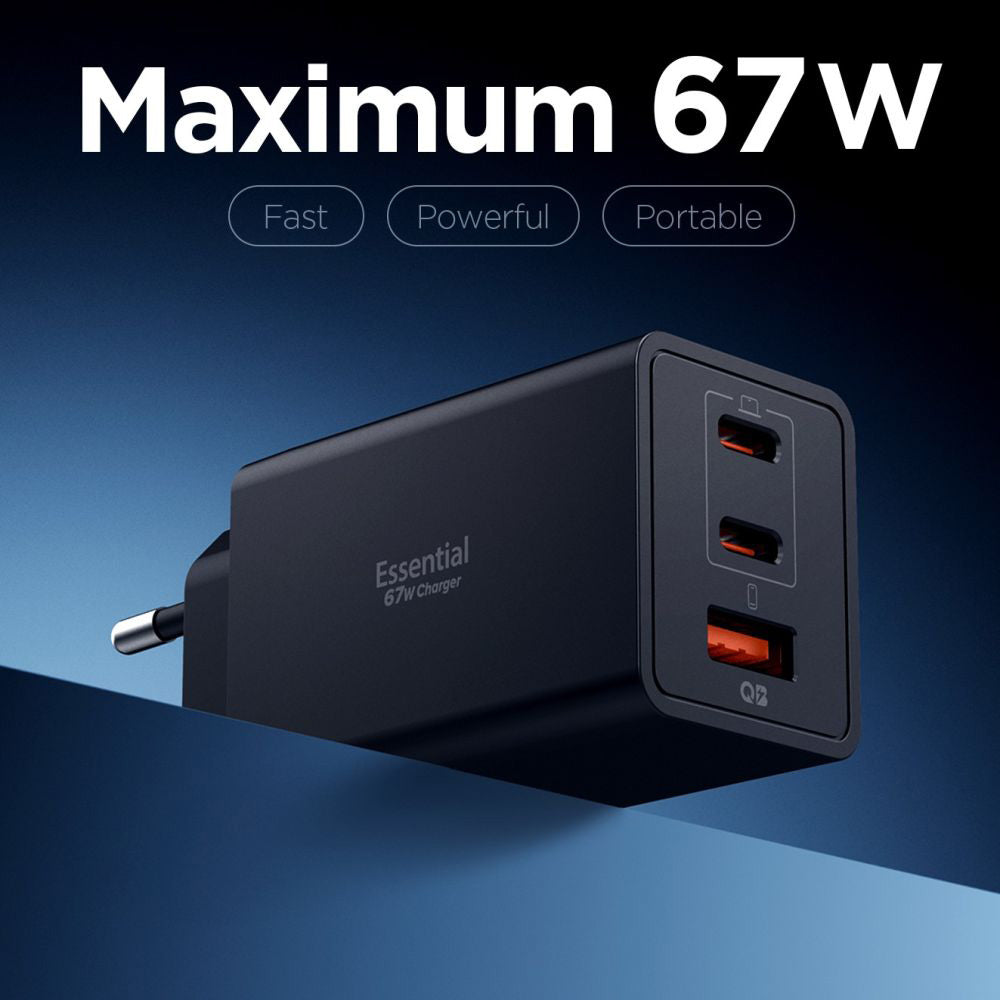 Φορτιστής Δικτύου Spigen Essential, 67W, 3.25A, 1 x USB-A - 2 x USB-C, Μαύρο