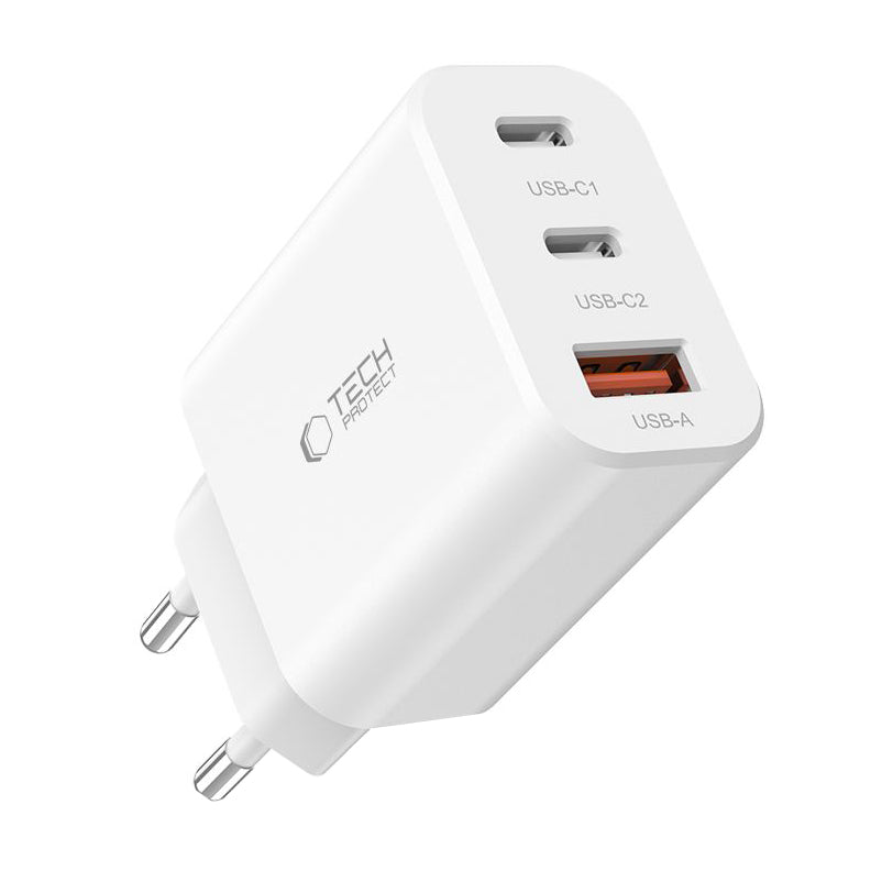 Φορτιστής δικτύου Tech-Protect NC30W, 30W, 3A, 1 x USB-A - 2 x USB-C, Λευκό