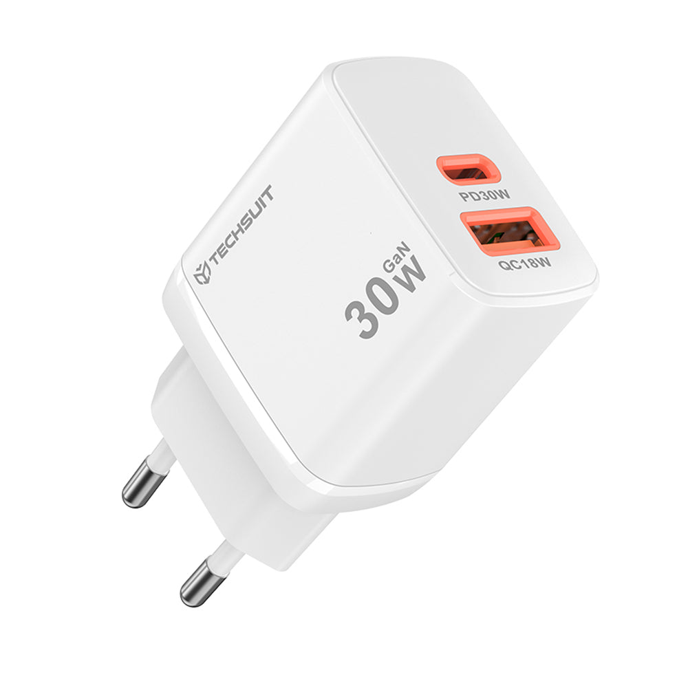 Φορτιστής Δικτύου Techsuit CH1 Duonix, 30W, 3A, 1 x USB-A - 1 x USB-C, Λευκό