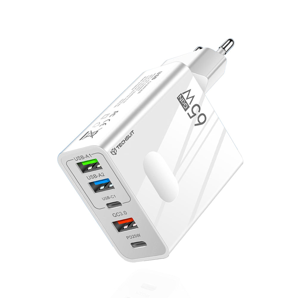 Techsuit CHC1 PentaXPower Network Charger, 25W, 3A, 3 x USB-A - 2 x USB-C, White