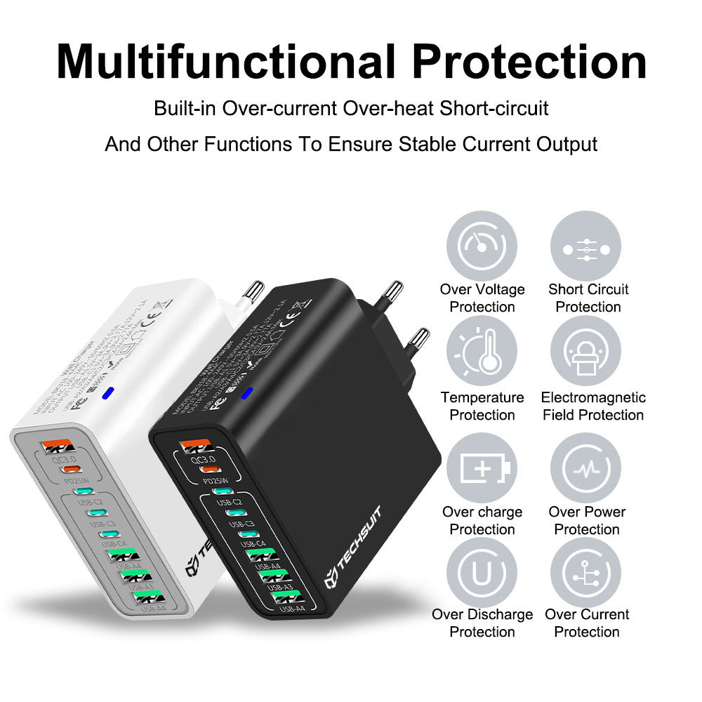 Φορτιστής Δικτύου Techsuit CHPD224, 65W, 3.25A, 4 x USB-A - 4 x USB-C, Λευκό