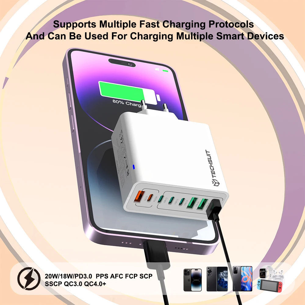 Φορτιστής Δικτύου Techsuit CHPD224, 65W, 3.25A, 4 x USB-A - 4 x USB-C, Μαύρο
