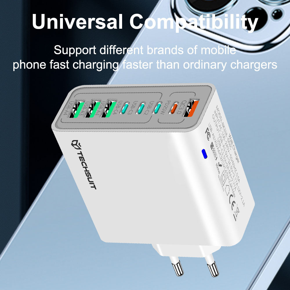 Φορτιστής Δικτύου Techsuit CHPD224, 65W, 3.25A, 4 x USB-A - 4 x USB-C, Μαύρο