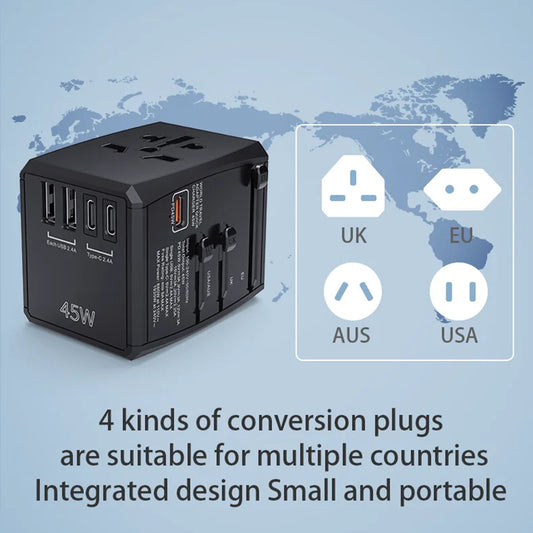 Techsuit HHT905 Travel Network Charger, 45W, 3A, 2 x USB-A - 2 x USB-C, Black