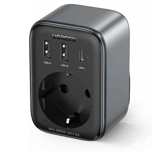 Φορτιστής δικτύου UGREEN CD314, 30W, 3A, 2 x USB-A - 1 x USB-C - 1 x Schuko, Μαύρο