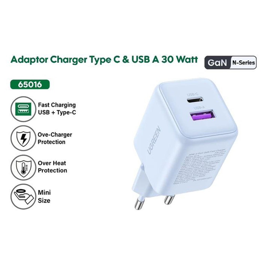 Φορτιστής Δικτύου UGREEN X516, 30W, 3A, 1 x USB-A - 1 x USB-C, Μπλε