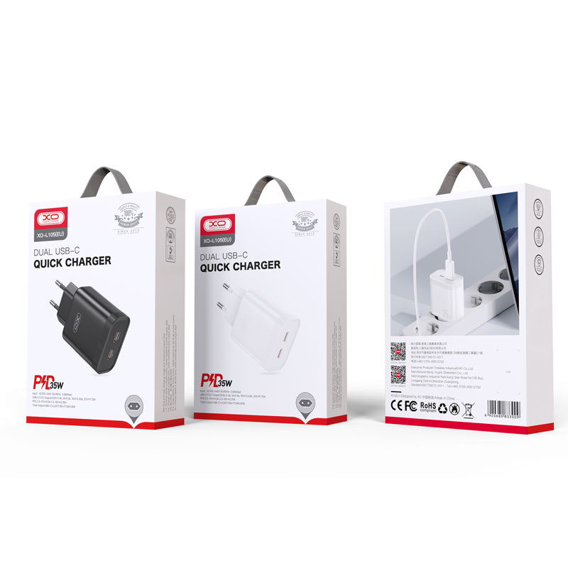 Φορτιστής δικτύου XO Design L105, 35W, 3A, 2 x USB-C, Λευκό