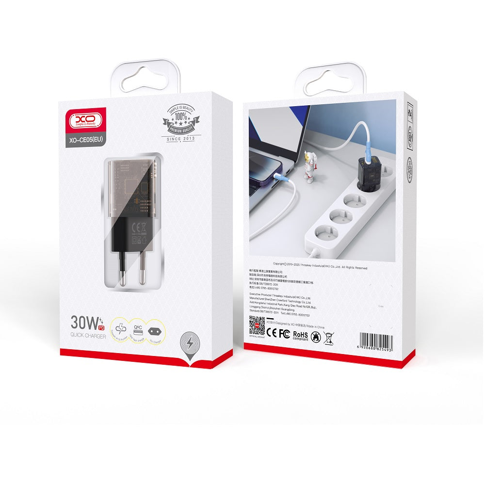 Φορτιστής Δικτύου XO Design CE05, 30W, 3A, 1 x USB-A - 1 x USB-C, Καφέ