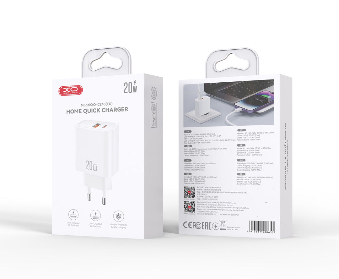Φορτιστής Δικτύου XO Design CE40, 20W, 3A, 1 x USB-A - 1 x USB-C, Λευκό