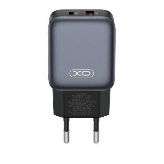 Φορτιστής Δικτύου XO Design L154, 20W, 3A, 1 x USB-A - 1 x USB-C, Μαύρο