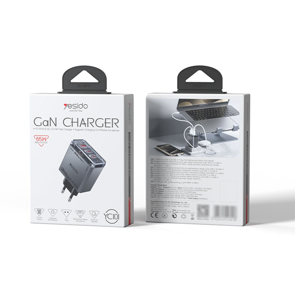 Φορτιστής Δικτύου Yesido YC101, 65W, 3.25A, 1 x USB-A - 2 x USB-C, Μαύρο