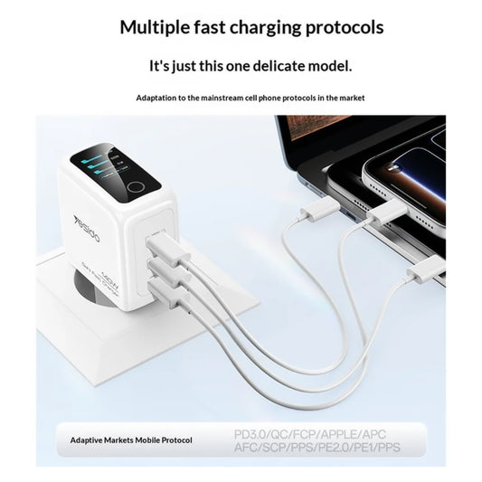 Φορτιστής Δικτύου Yesido YC114 Οθόνη, 140W, 5A, 1 x USB-A - 2 x USB-C, Λευκός