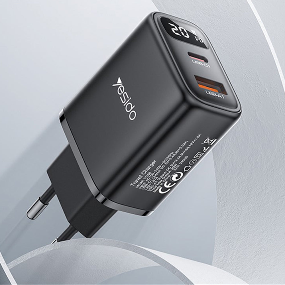 Φορτιστής Δικτύου Yesido YC68, Οθόνη 20W, 3A, 1 x USB-A - 1 x USB-C, Μαύρο