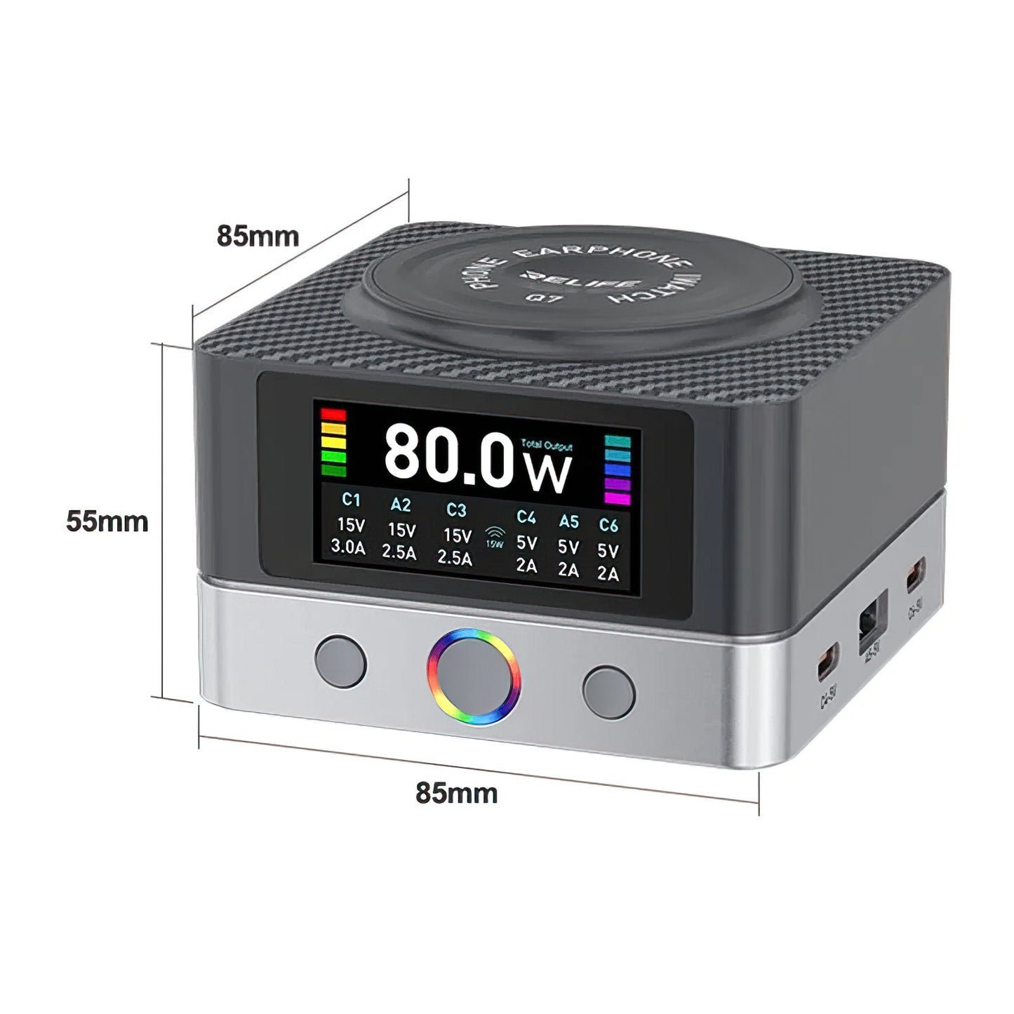 Φορτιστής Σταθμός Relife Q7 QI, 80W, 3.25A, 2 x USB-A - 4 x USB-C, Γκρι