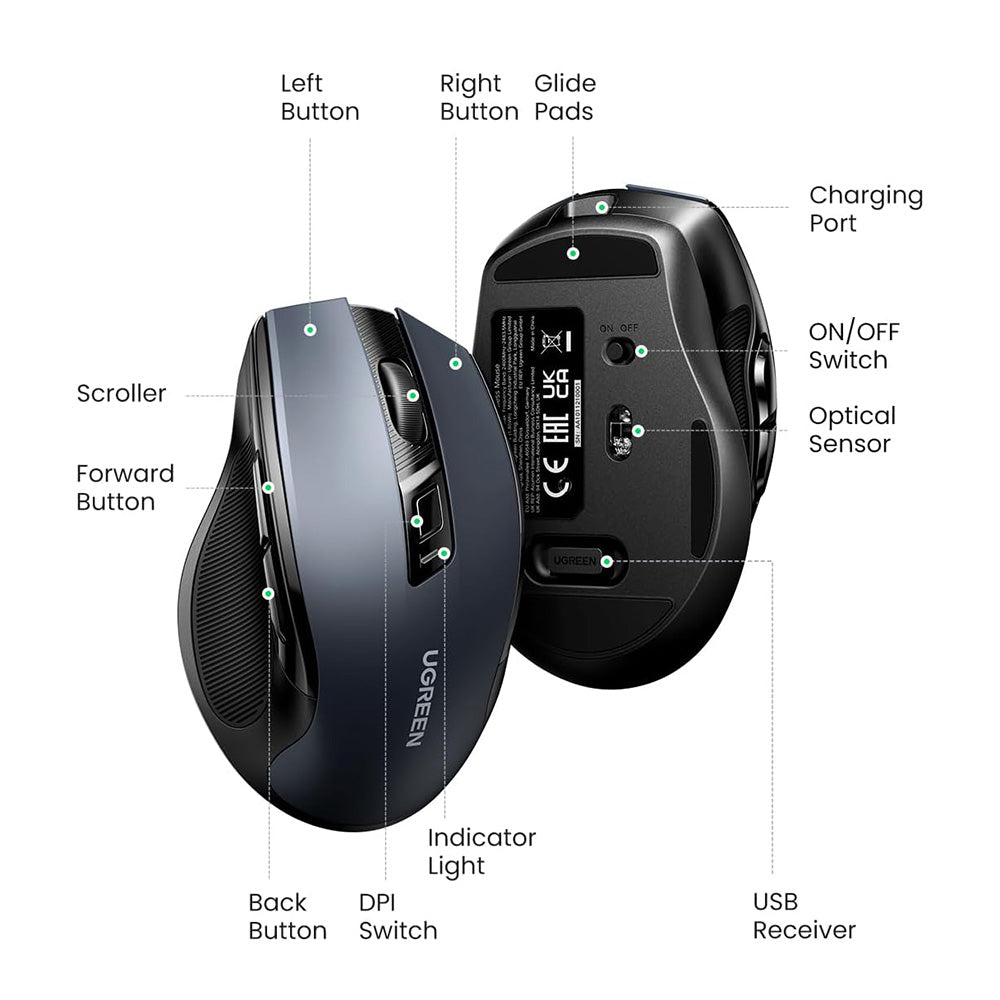 Mouse Wireless UGREEN MU006S (85082), 4000DPI, BT / Wi-Fi, Γκρι