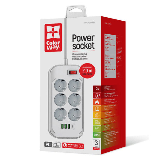 Πολύπριζο ColorWay, 6 x Schuko, Λευκό