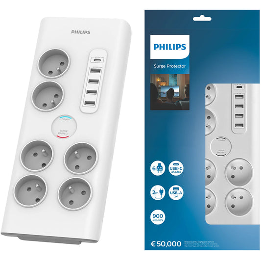 Φορτιστής δικτύου Philips, 4 x USB-A - 1 x USB-C - 6 x Schuko, λευκό PHIL-SPN7060WA/60