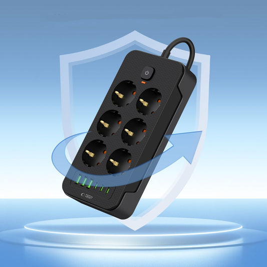 Φορτιστής δικτύου Tech-Protect PC6X6, 3 x USB-A - 3 x USB-C - 6 x Schuko, Μαύρο
