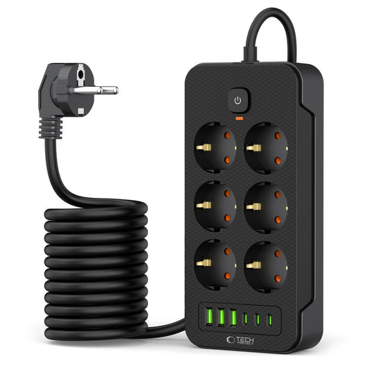 Φορτιστής δικτύου Tech-Protect PC6X6, 3 x USB-A - 3 x USB-C - 6 x Schuko, Μαύρο