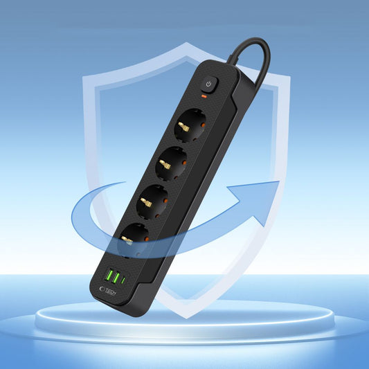 Φορτιστής δικτύου Tech-Protect PCL4X3, 2 x USB-A - 1 x USB-C - 4 x Schuko, Μαύρο