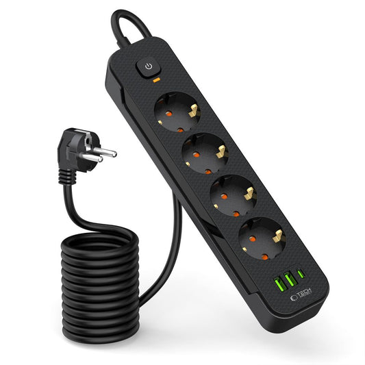 Φορτιστής δικτύου Tech-Protect PCL4X3, 2 x USB-A - 1 x USB-C - 4 x Schuko, Μαύρο