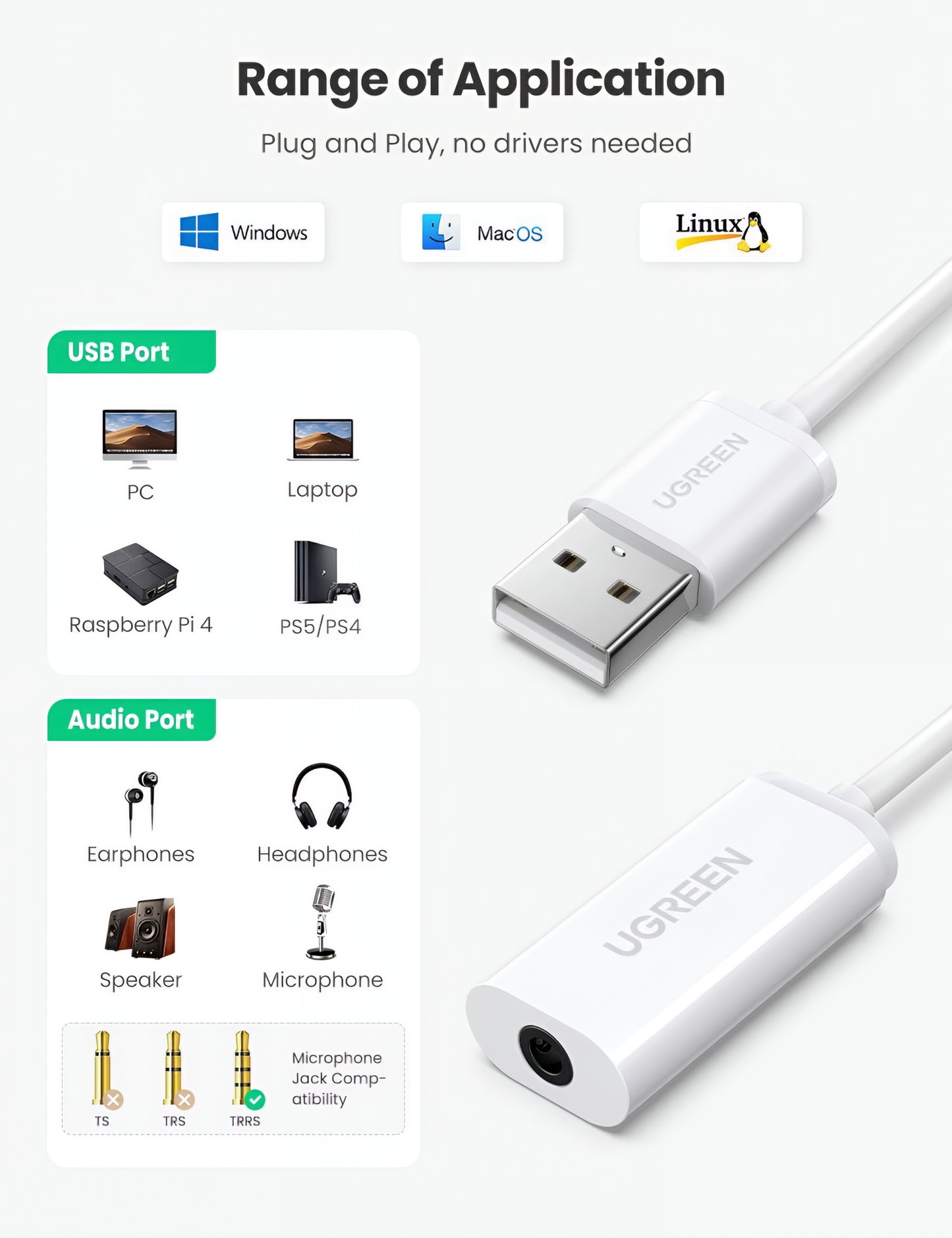 Προσαρμογέας Ήχου UGREEN US206, USB-A - 3.5mm, Λευκό