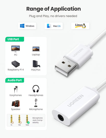 Προσαρμογέας Ήχου UGREEN US206, USB-A - 3.5mm, Λευκό