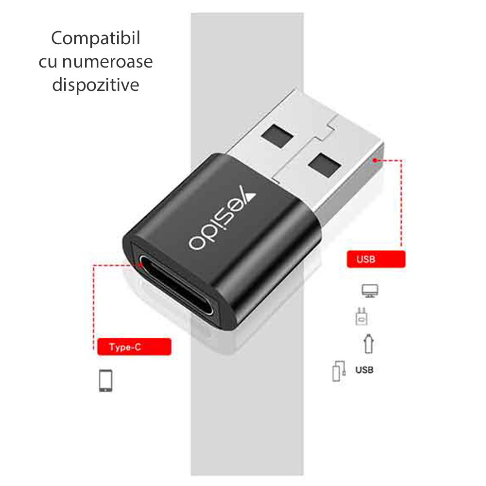 Προσαρμογέας Δεδομένων και Φόρτισης USB-C - USB-A Yesido GS09, Μαύρο