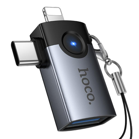 Προσαρμογέας OTG Lightning / USB-C - USB-A HOCO UA46D, Γκρι