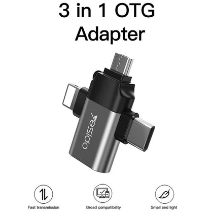 Adaptor OTG Lightning / microUSB / USB-C - USB-A Yesido GS15, Μαύρο