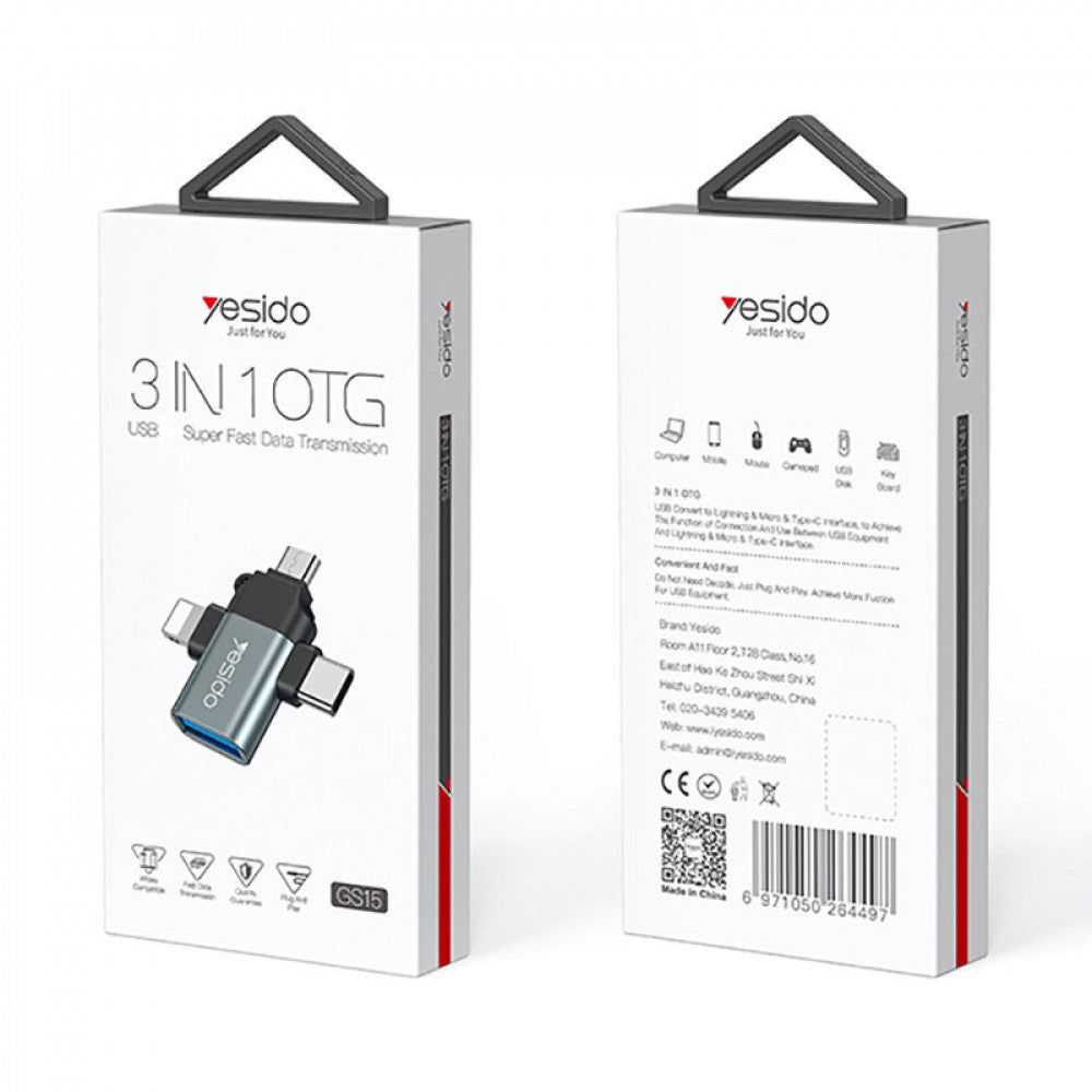 Adaptor OTG Lightning / microUSB / USB-C - USB-A Yesido GS15, Μαύρο