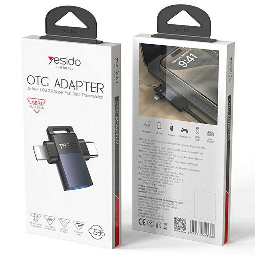 Adaptor OTG Lightning / USB-C - USB-A Yesido GS35, Γκρι