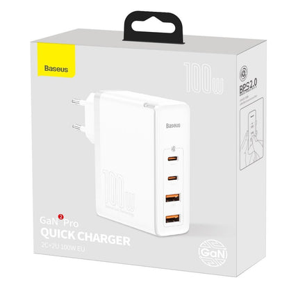 Φορτιστής δικτύου Baseus GaN2 Pro, 100W, 3A, 2 x USB-A - 2 x USB-C, Λευκό CCGAN2P-L02