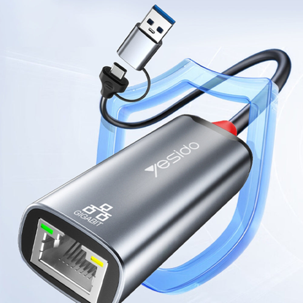 Προσαρμογέας Δικτύου Yesido HB26, RJ45, USB / USB-C, Γκρι