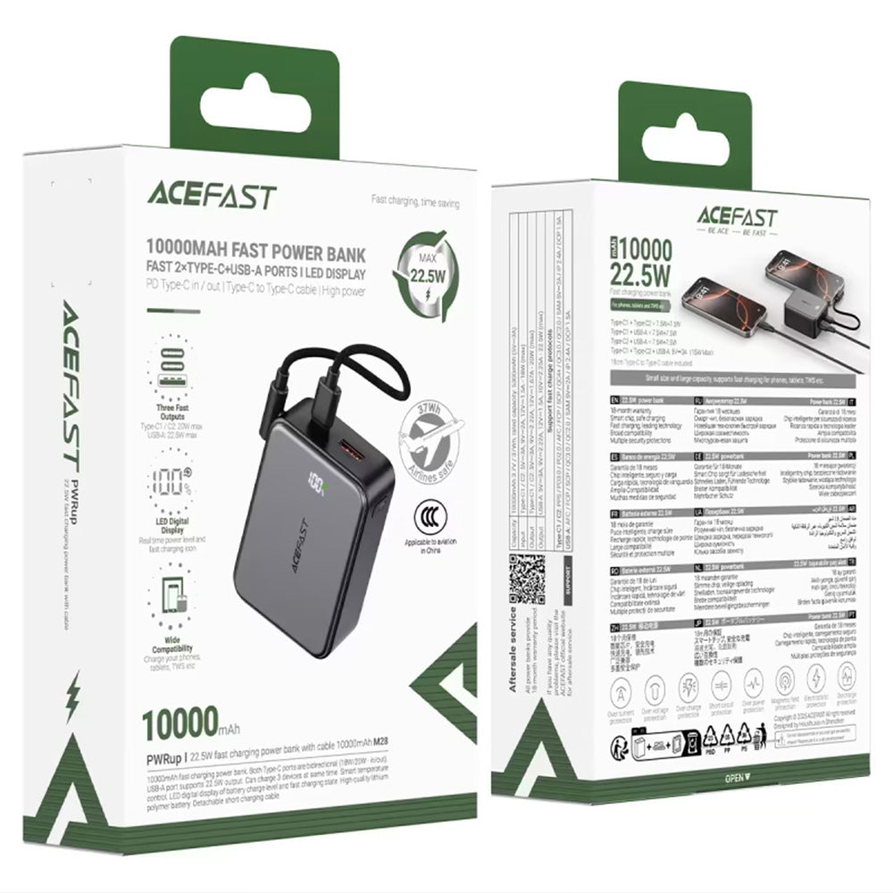 Acefast M28 External Battery, 10000mAh, 22.5W, QC + PD, 1 x USB-A - 2 x USB-C, Black