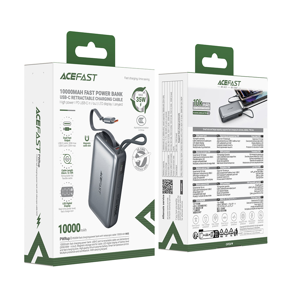 Acefast M32 External Battery, 10000mAh, 35W, PD, 2 x USB-C, Gray