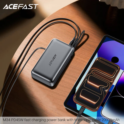 Acefast M34 External Battery, 20000mAh, 45W, QC + PD, 1 x USB-A - 2 x USB-C, Gray