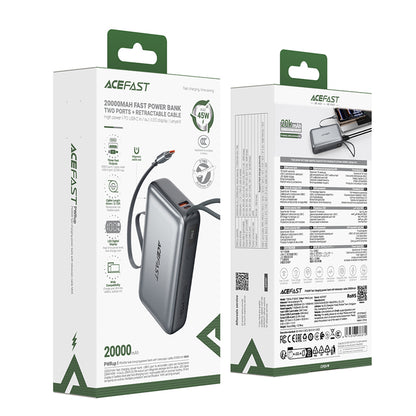 Acefast M34 External Battery, 20000mAh, 45W, QC + PD, 1 x USB-A - 2 x USB-C, Gray