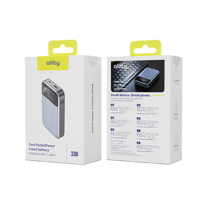 Εξωτερική Μπαταρία Allity. APB-200 PocketPower, 10000mAh, 33W, QC + PD, 1 x USB-A - 1 x USB-C, Γκρι