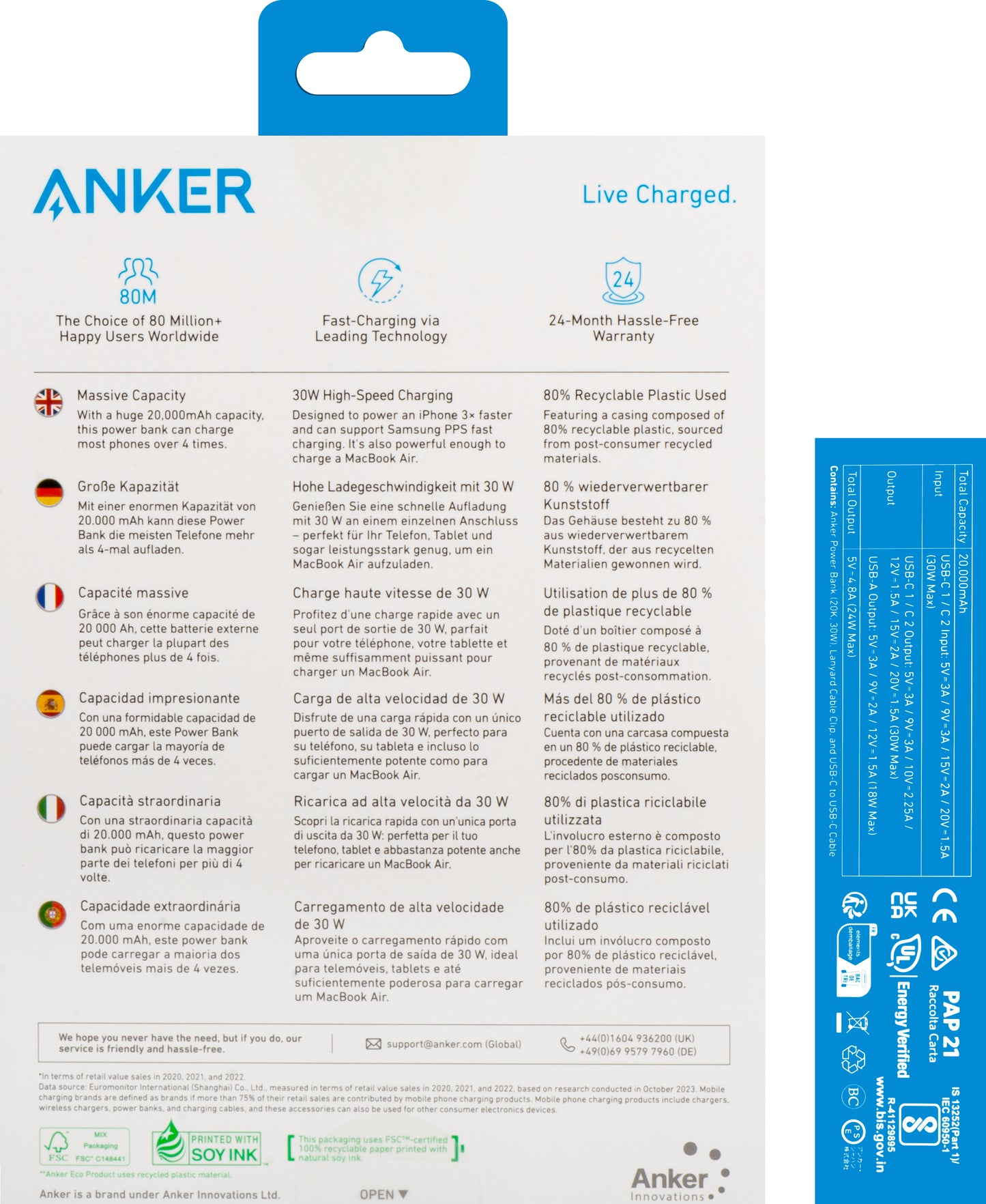 Εξωτερική μπαταρία Anker, 20000mAh, 30W, QC + PD, 1 x USB-A - 2 x USB-C, μαύρο A1384G11